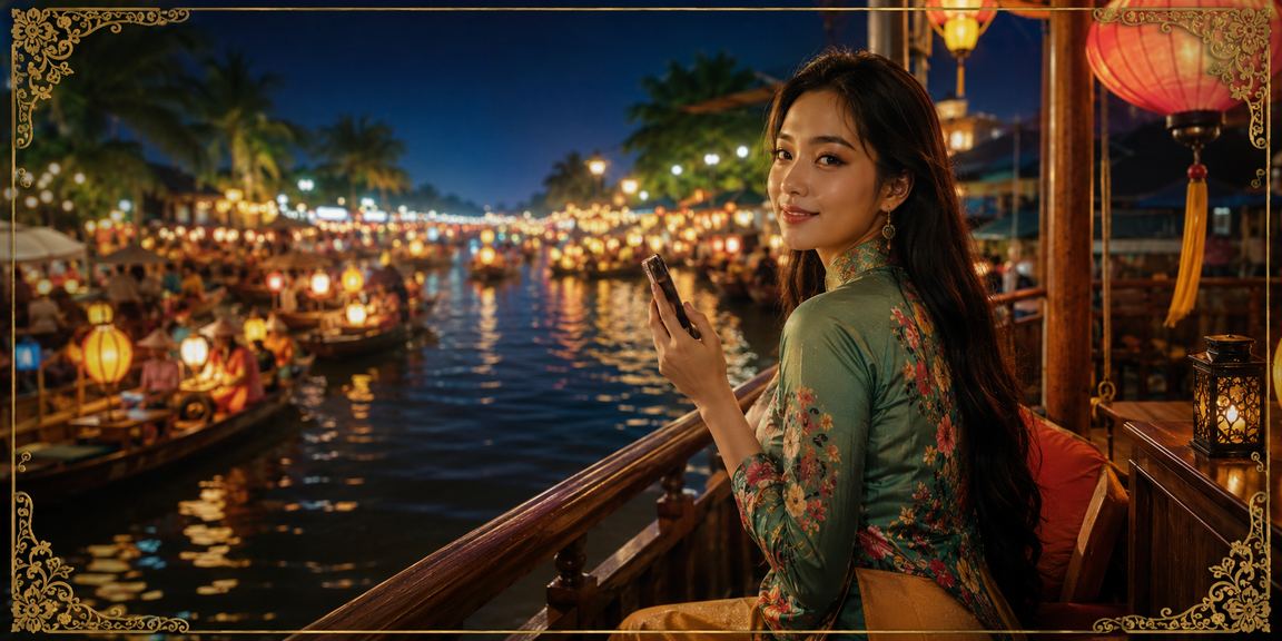 Không khí lễ hội Mekong với bàn baccarat và trò chơi may mắn đầy màu sắc